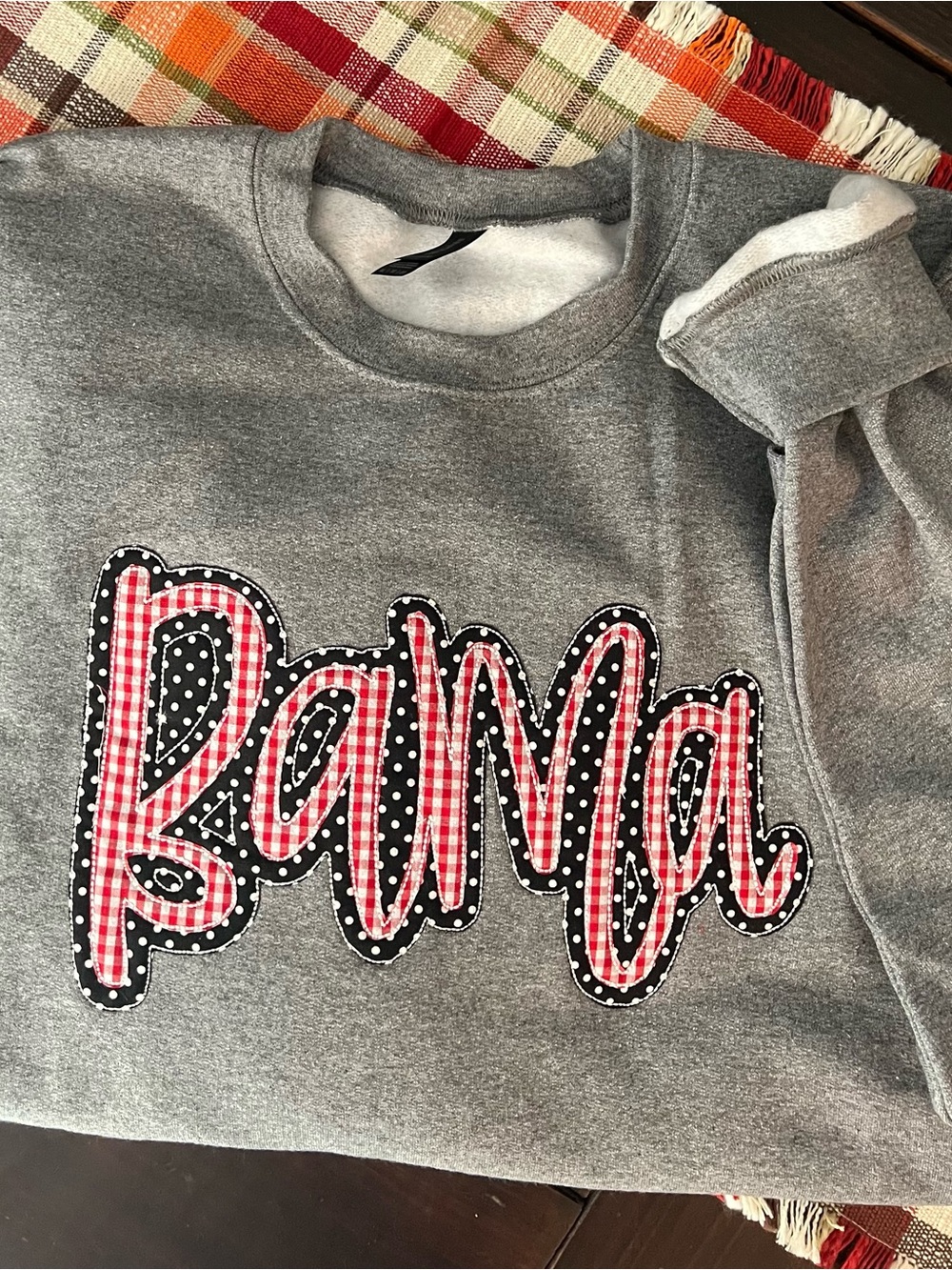 Gildan Gray Sweatshirt with Red Gingham and Black Polka Dot 'Bama' Applique